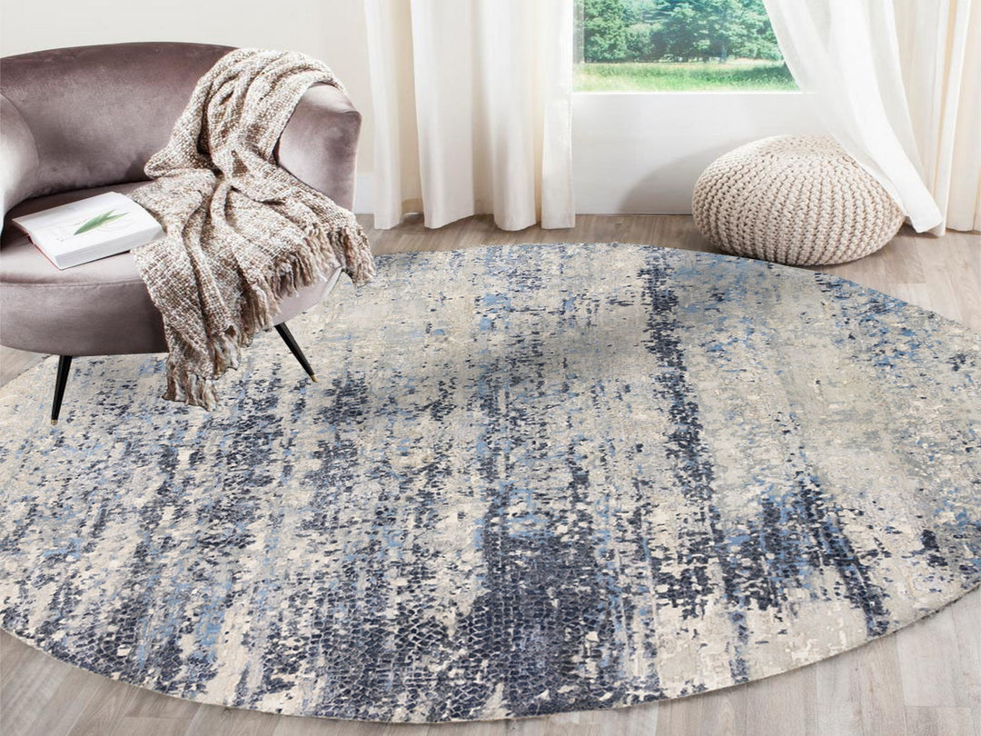 9'10" x 10'0" New Hand Knotted Blue Wool & Silk Round Oriental Rug - MOA10262871
