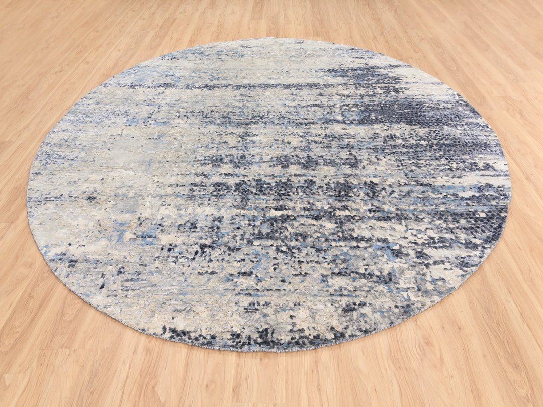 9'10" x 10'0" New Hand Knotted Blue Wool & Silk Round Oriental Rug - MOA10262871