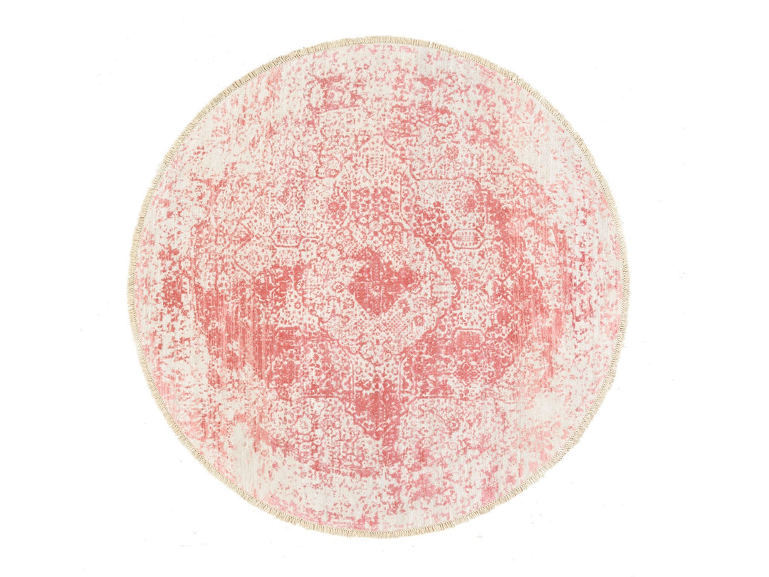 5'10" x 6'0" New Hand Knotted Pink Wool & Pure Silk Round Oriental Rug - MOA10262875