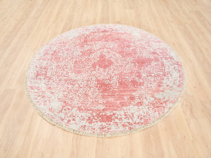 5'10" x 6'0" New Hand Knotted Pink Wool & Pure Silk Round Oriental Rug - MOA10262875