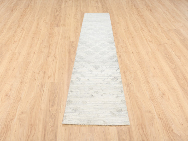 2'7" x 12'0" New Hand Knotted Grey Wool Runner Oriental Rug - MOA10262919