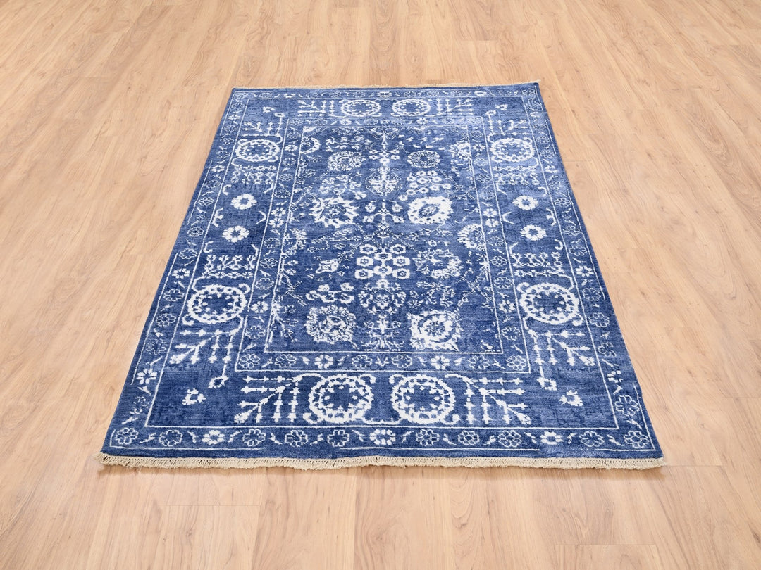4'1" x 6'1" New Hand Knotted Blue Wool & Silk Rectangle Oriental Rug - MOA10262962