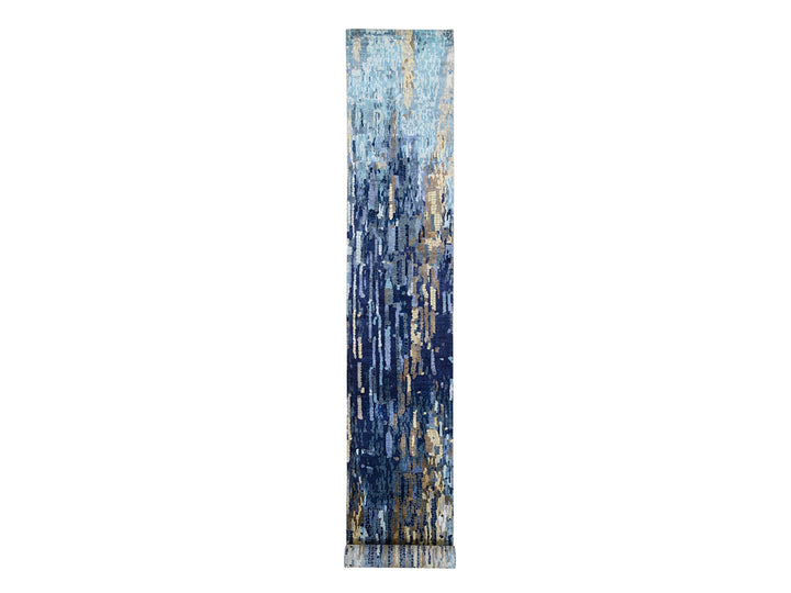 2'7" x 19'7" New Hand Knotted Blue Wool & Silk Runner Oriental Rug - MOA10263058