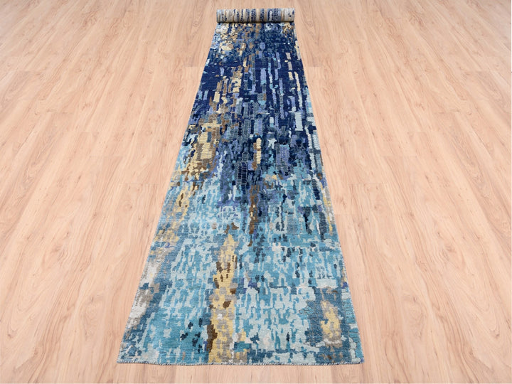 2'7" x 19'7" New Hand Knotted Blue Wool & Silk Runner Oriental Rug - MOA10263058