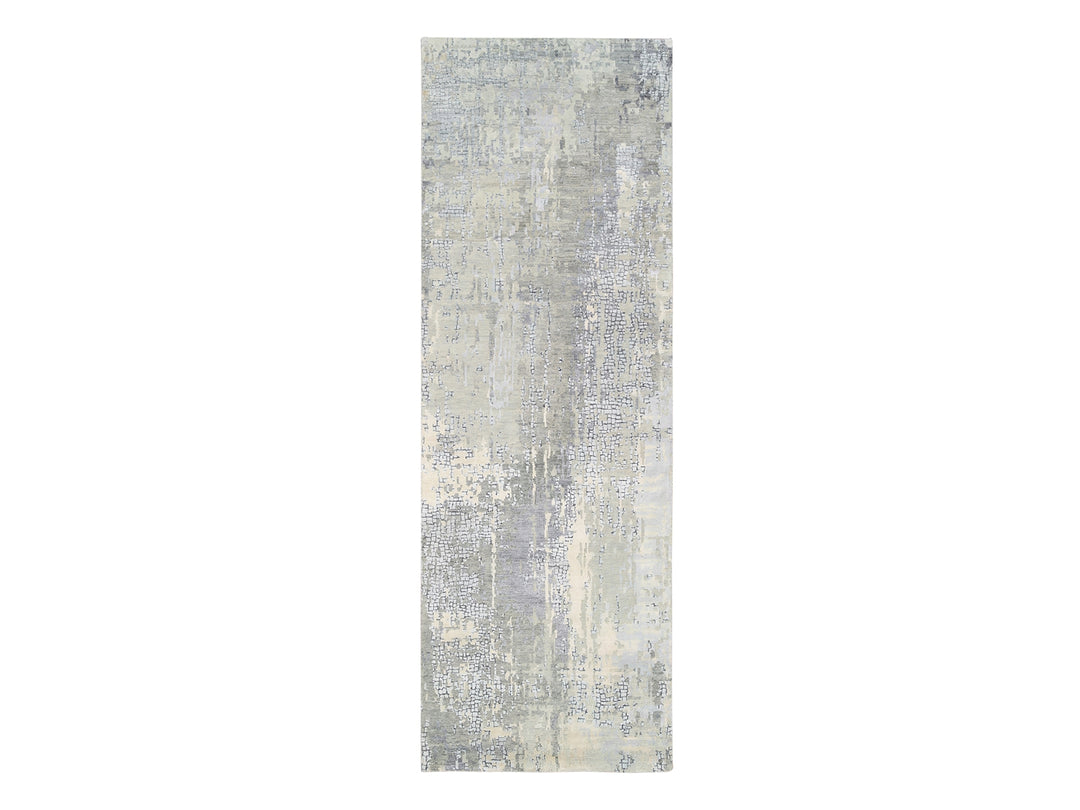 4'0" x 12'0" New Hand Knotted Grey Wool & Silk Runner Oriental Rug - MOA10263061