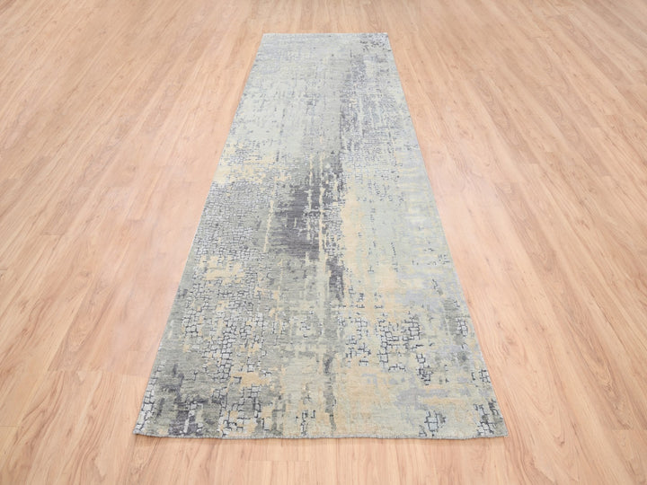 4'0" x 12'0" New Hand Knotted Grey Wool & Silk Runner Oriental Rug - MOA10263061