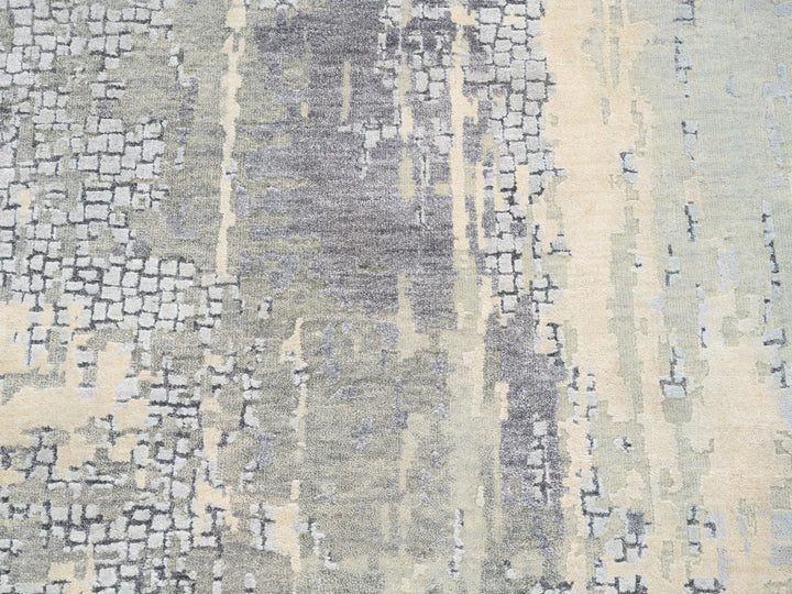 4'0" x 12'0" New Hand Knotted Grey Wool & Silk Runner Oriental Rug - MOA10263061