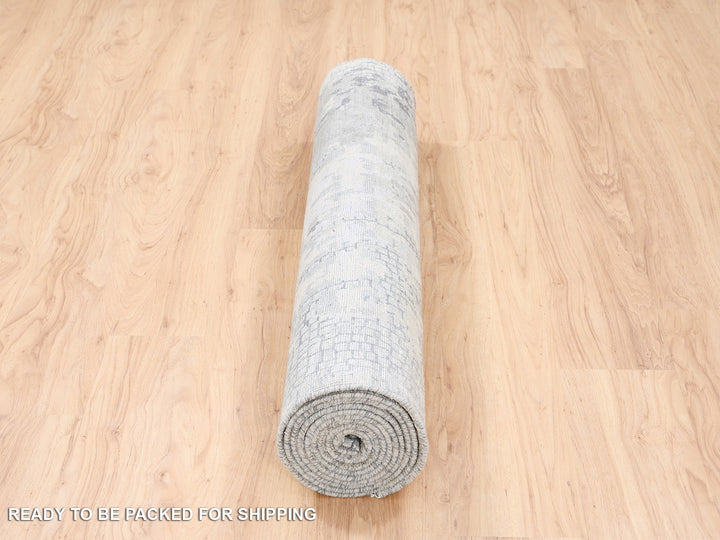 4'0" x 12'0" New Hand Knotted Grey Wool & Silk Runner Oriental Rug - MOA10263061