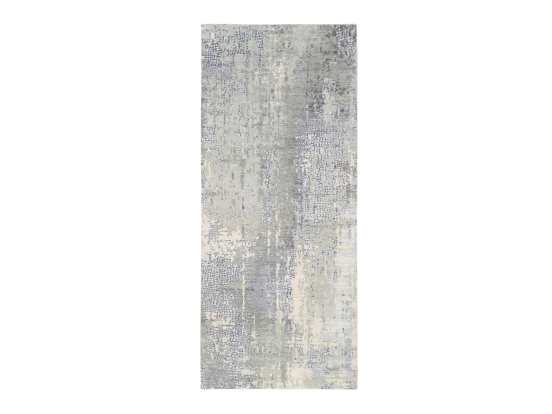 4'1" x 9'9" New Hand Knotted Grey Wool & Silk Runner Oriental Rug - MOA10263062