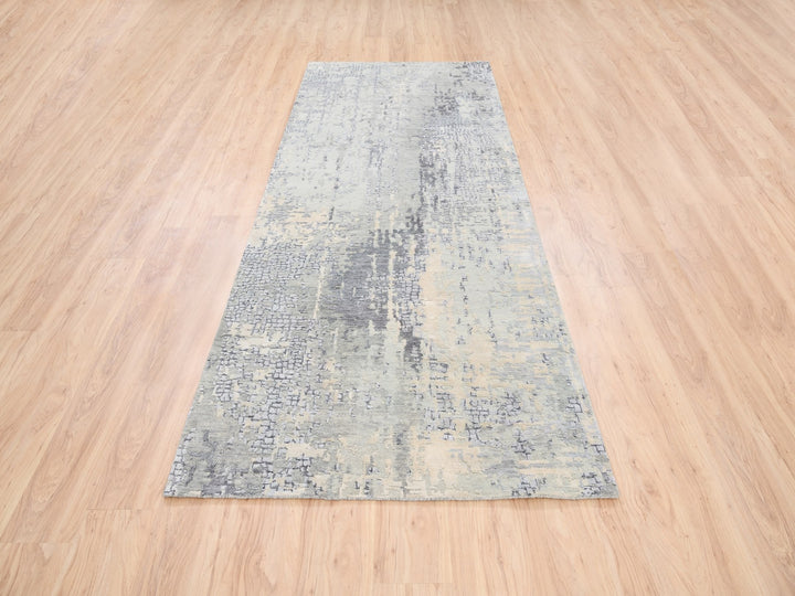 4'1" x 9'9" New Hand Knotted Grey Wool & Silk Runner Oriental Rug - MOA10263062