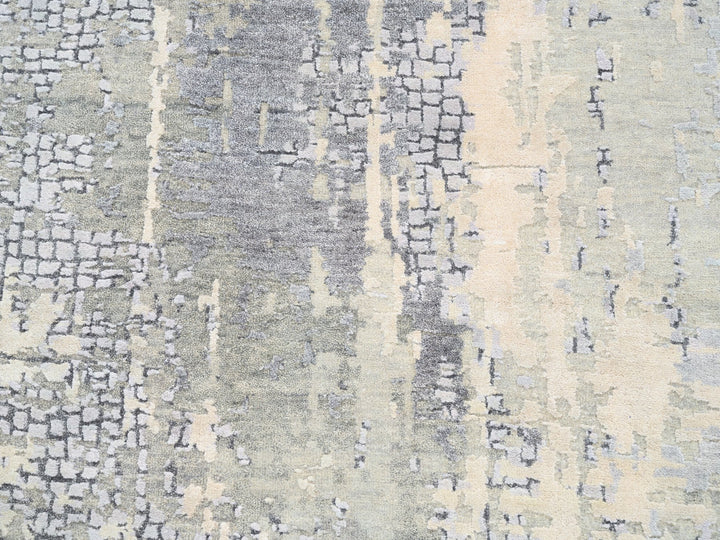 4'1" x 9'9" New Hand Knotted Grey Wool & Silk Runner Oriental Rug - MOA10263062
