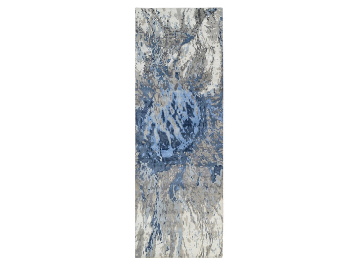 4'0" x 11'9" New Hand Knotted Blue Wool & Silk Runner Oriental Rug - MOA10263182