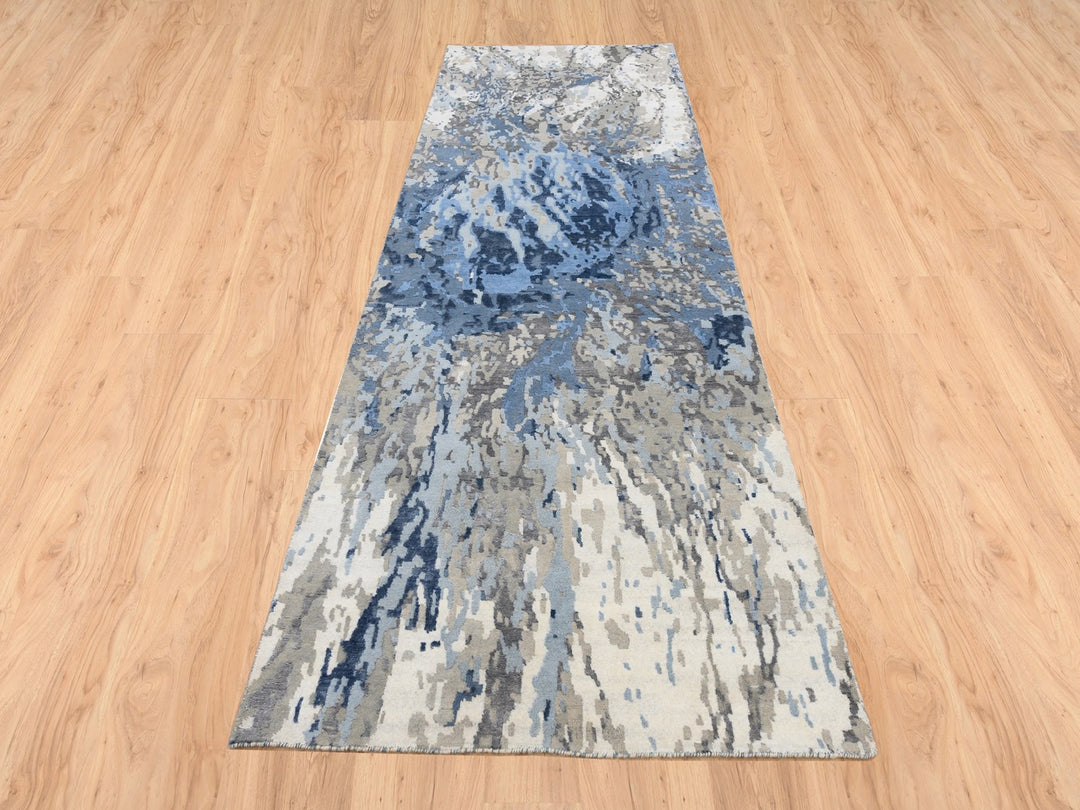 4'0" x 11'9" New Hand Knotted Blue Wool & Silk Runner Oriental Rug - MOA10263182