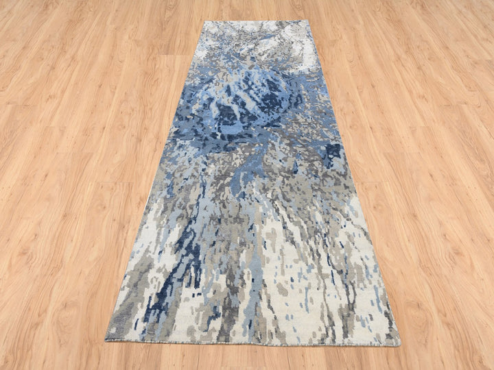 4'0" x 11'9" New Hand Knotted Blue Wool & Silk Runner Oriental Rug - MOA10263182