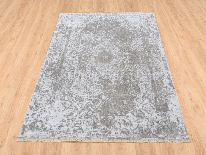 4'2" x 6'0" New Hand Knotted Ivory Wool & Silk Rectangle Oriental Rug - MOA10263183