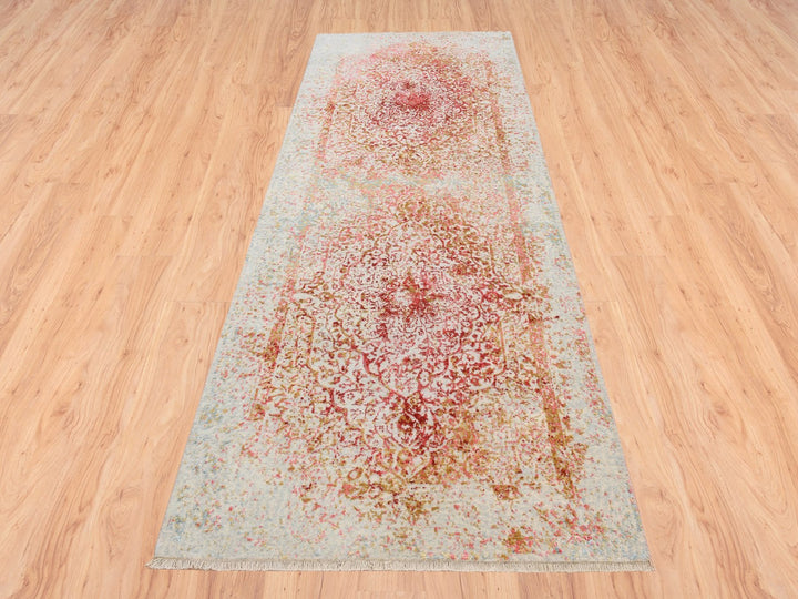 4'2" x 10'0" New Hand Knotted Pink Wool & Silk Runner Oriental Rug - MOA10263190