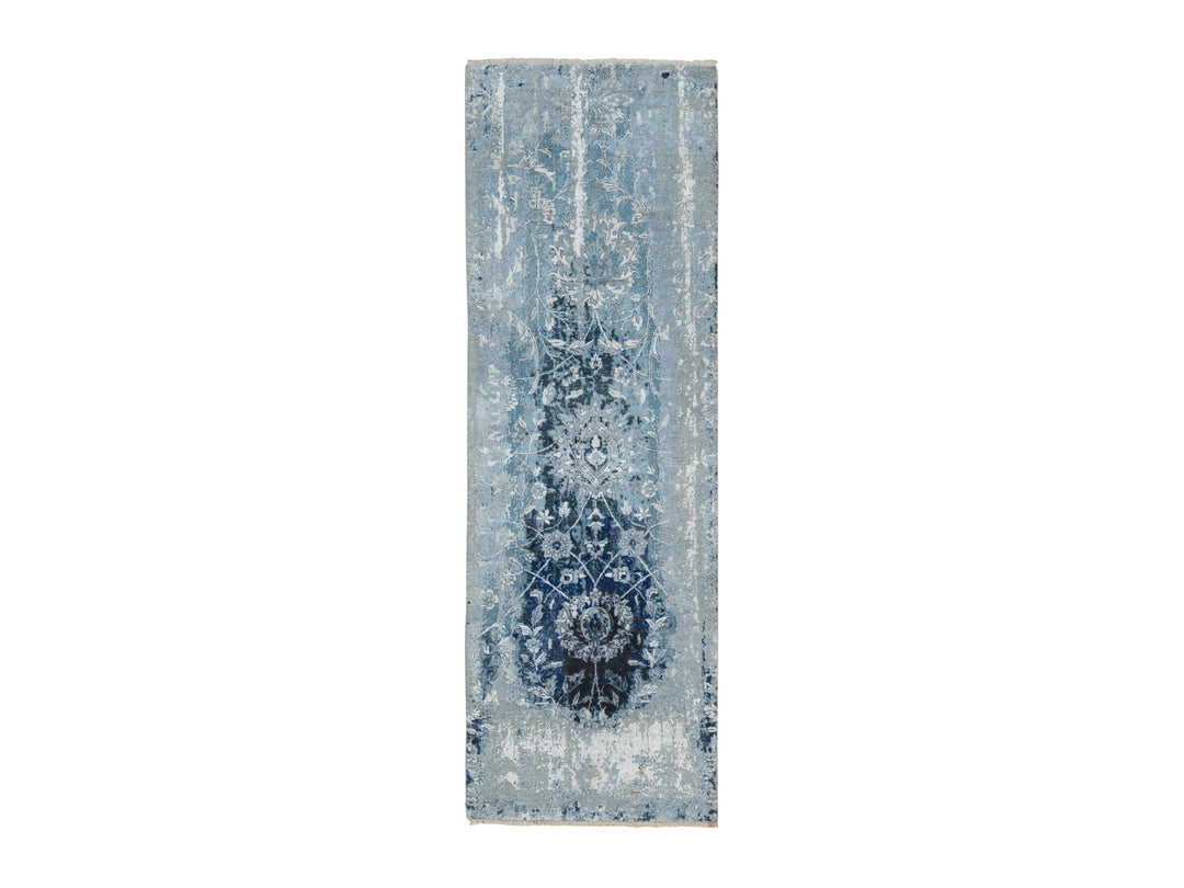 2'7" x 8'0" New Hand Knotted Blue Wool & Silk Runner Oriental Rug - MOA10263191