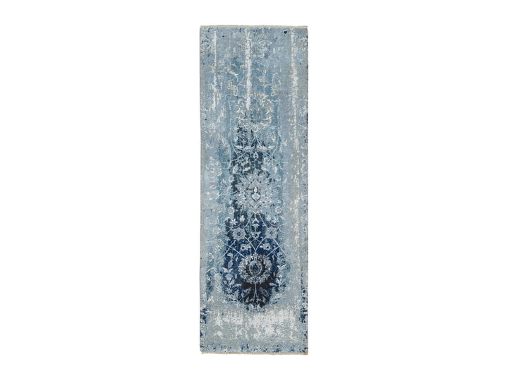 2'7" x 8'0" New Hand Knotted Blue Wool & Silk Runner Oriental Rug - MOA10263191