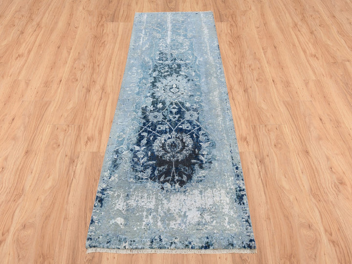 2'7" x 8'0" New Hand Knotted Blue Wool & Silk Runner Oriental Rug - MOA10263191