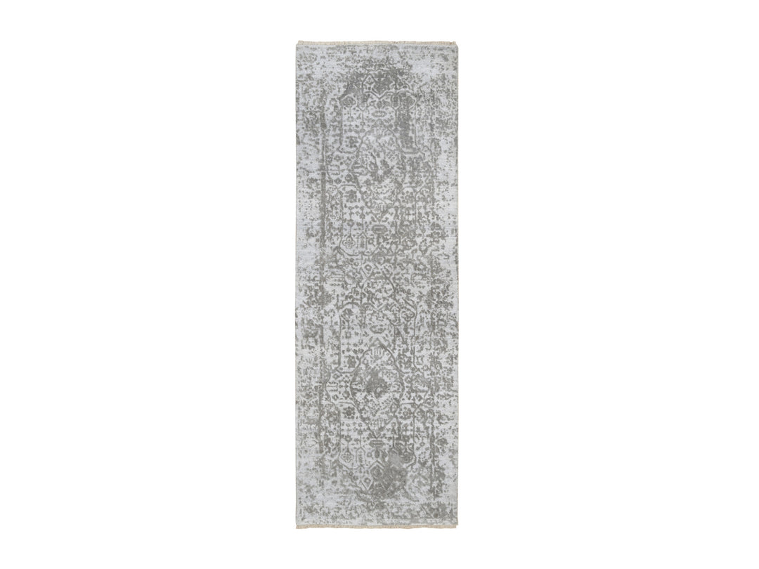 2'7" x 7'9" New Hand Knotted Grey Wool & Silk Runner Oriental Rug - MOA10263196