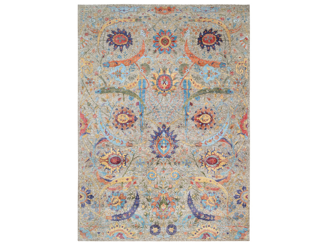 9'1" x 12'4" New Hand Knotted Beige Wool & Silk Rectangle Oriental Rug - MOA10263199