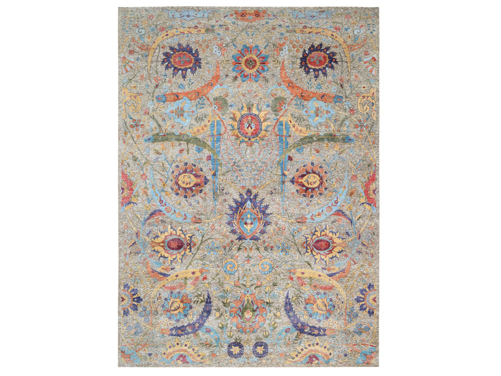 9'1" x 12'4" New Hand Knotted Beige Wool & Silk Rectangle Oriental Rug - MOA10263199