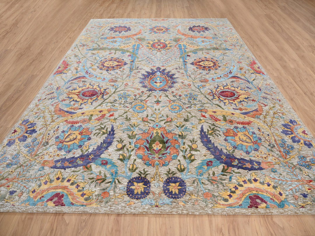 9'1" x 12'4" New Hand Knotted Beige Wool & Silk Rectangle Oriental Rug - MOA10263199