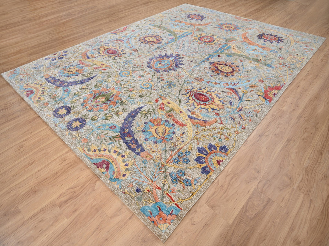 9'1" x 12'4" New Hand Knotted Beige Wool & Silk Rectangle Oriental Rug - MOA10263199