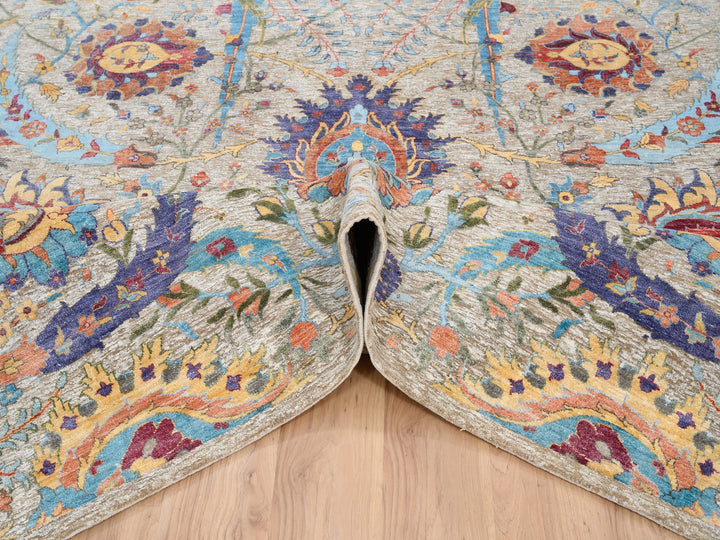 9'1" x 12'4" New Hand Knotted Beige Wool & Silk Rectangle Oriental Rug - MOA10263199