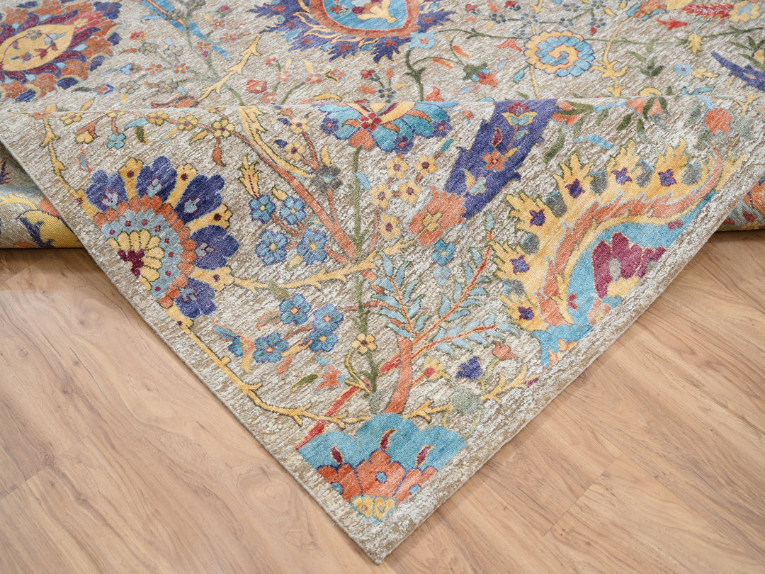9'1" x 12'4" New Hand Knotted Beige Wool & Silk Rectangle Oriental Rug - MOA10263199