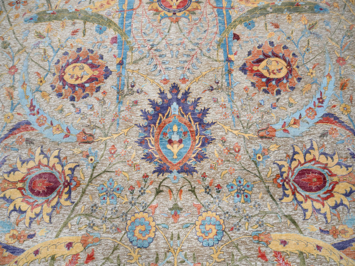9'1" x 12'4" New Hand Knotted Beige Wool & Silk Rectangle Oriental Rug - MOA10263199