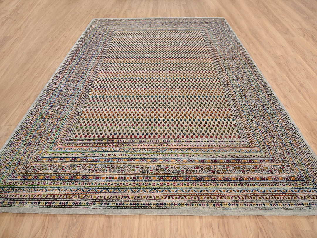 8'8" x 12'2" New Hand Knotted Beige Wool & Sari Silk Rectangle Oriental Rug - MOA10263206