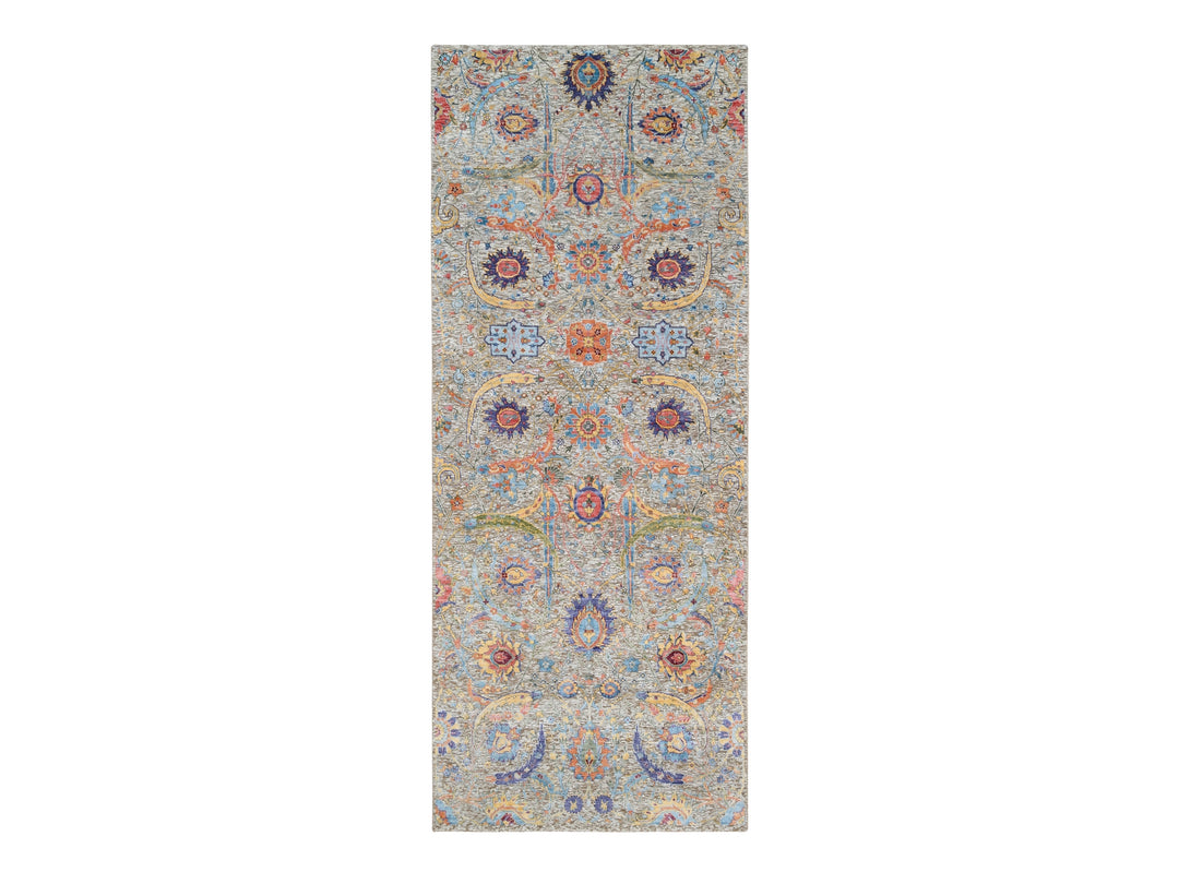 4'1" x 10'3" New Hand Knotted Beige Wool & Silk Runner Oriental Rug - MOA10263214