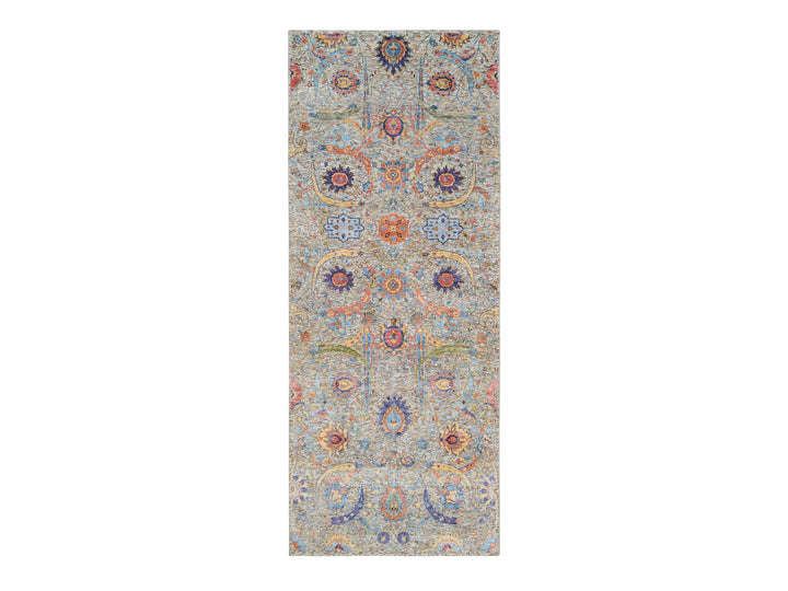 4'1" x 10'3" New Hand Knotted Beige Wool & Silk Runner Oriental Rug - MOA10263214