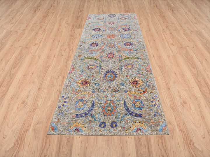 4'1" x 10'3" New Hand Knotted Beige Wool & Silk Runner Oriental Rug - MOA10263214