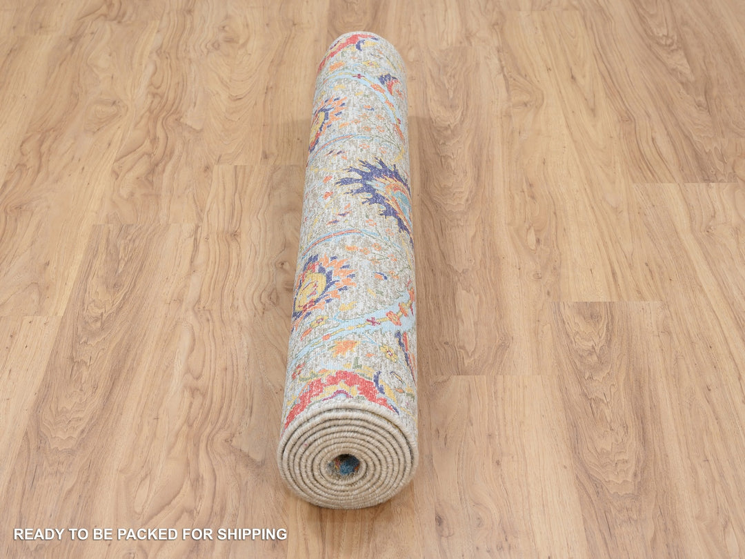 4'1" x 10'3" New Hand Knotted Beige Wool & Silk Runner Oriental Rug - MOA10263214
