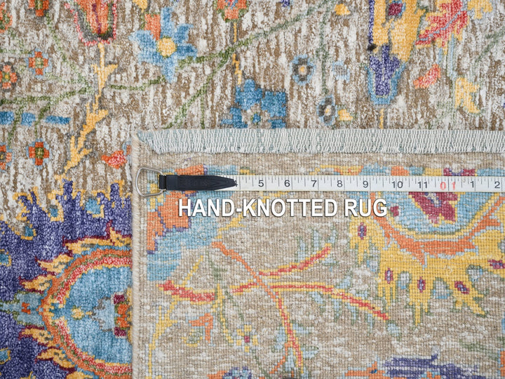 4'1" x 10'3" New Hand Knotted Beige Wool & Silk Runner Oriental Rug - MOA10263214