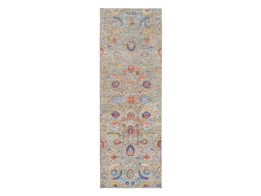 4'1" x 12'2" New Hand Knotted Beige Wool & Silk Runner Oriental Rug - MOA10263215