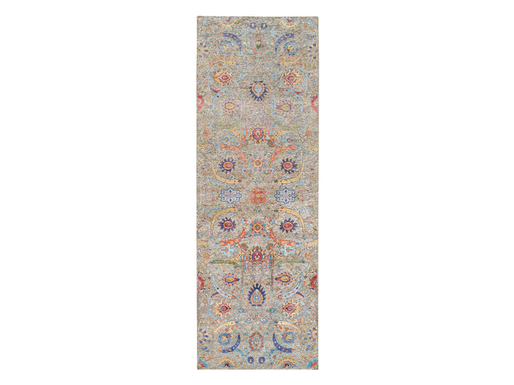 4'1" x 12'2" New Hand Knotted Beige Wool & Silk Runner Oriental Rug - MOA10263215