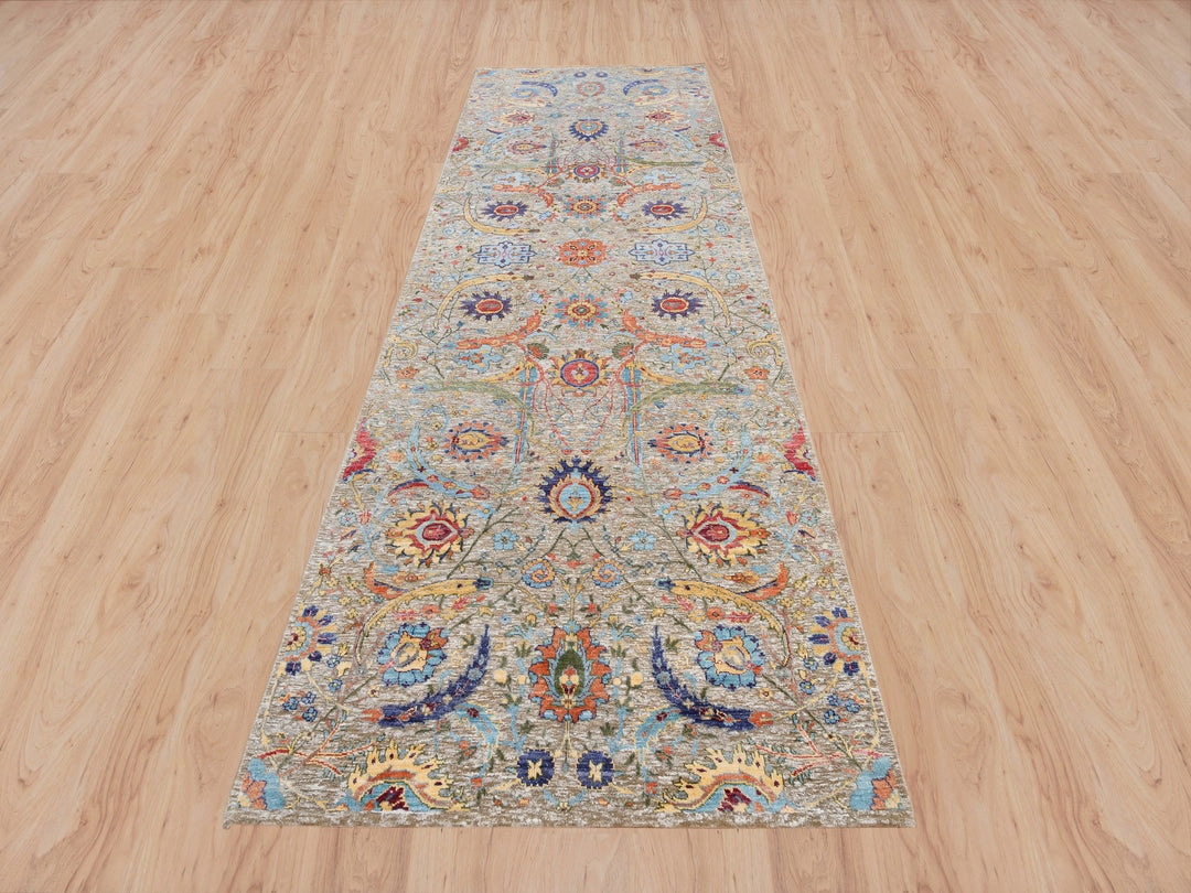 4'1" x 12'2" New Hand Knotted Beige Wool & Silk Runner Oriental Rug - MOA10263215
