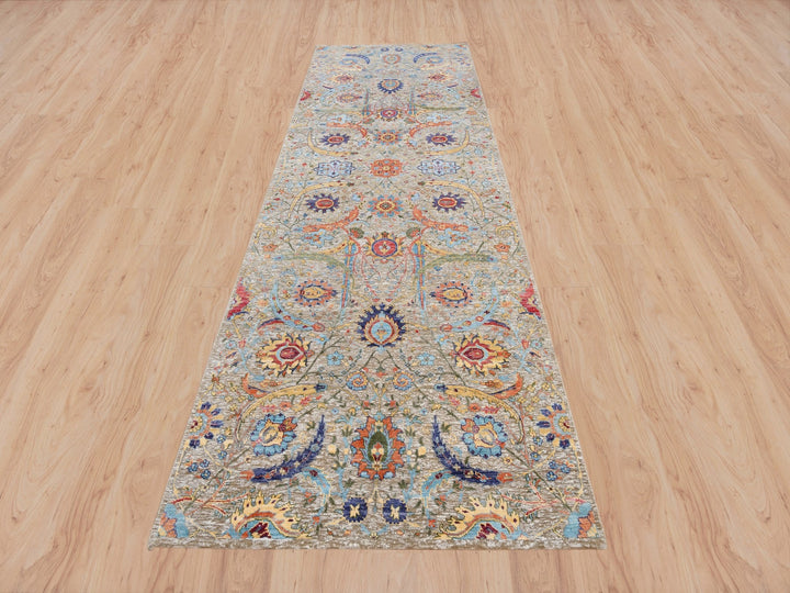 4'1" x 12'2" New Hand Knotted Beige Wool & Silk Runner Oriental Rug - MOA10263215