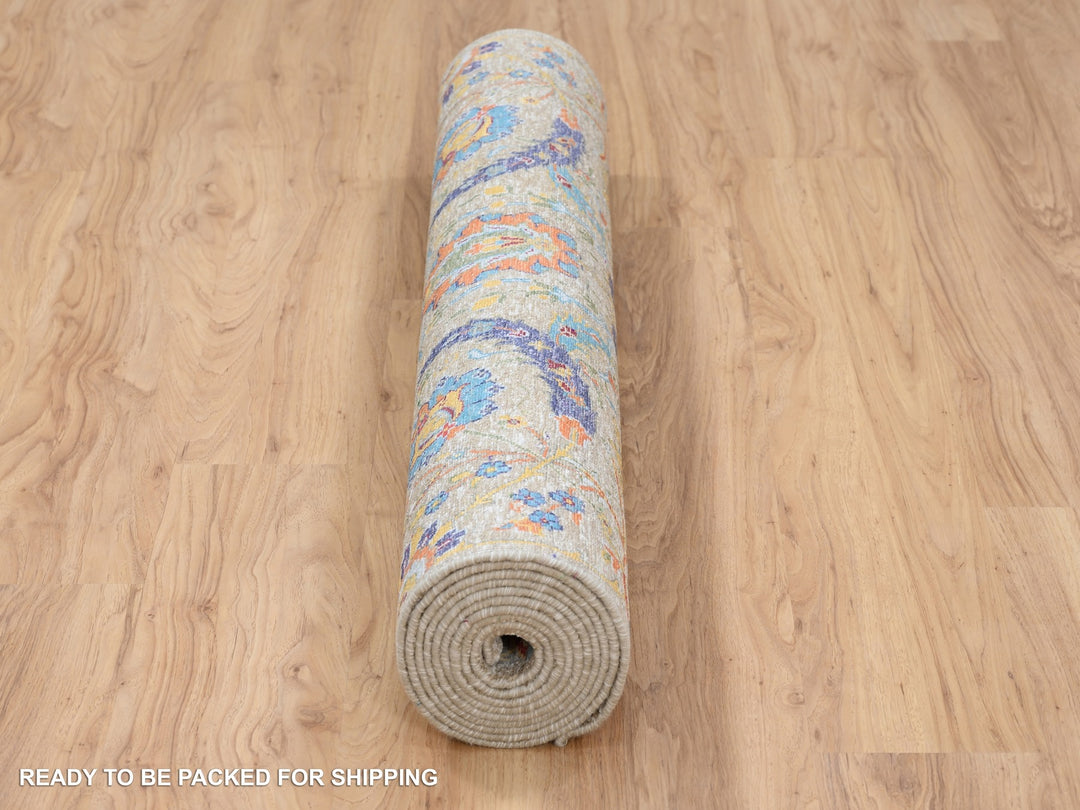 4'1" x 12'2" New Hand Knotted Beige Wool & Silk Runner Oriental Rug - MOA10263215