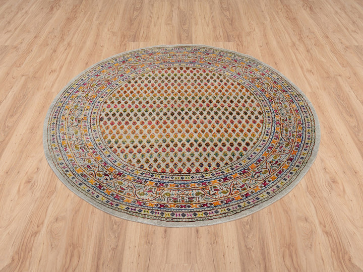 5'2" x 5'0" New Hand Knotted Beige Wool & Sari Silk Round Oriental Rug - MOA10263221