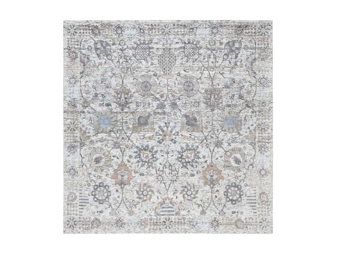 6'0" x 6'2" New Hand Knotted Ivory Wool & Silk Square Oriental Rug - MOA10263239