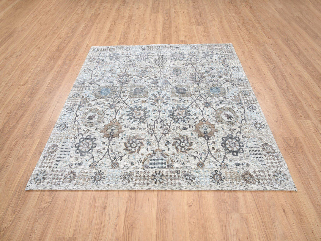6'0" x 6'2" New Hand Knotted Ivory Wool & Silk Square Oriental Rug - MOA10263239