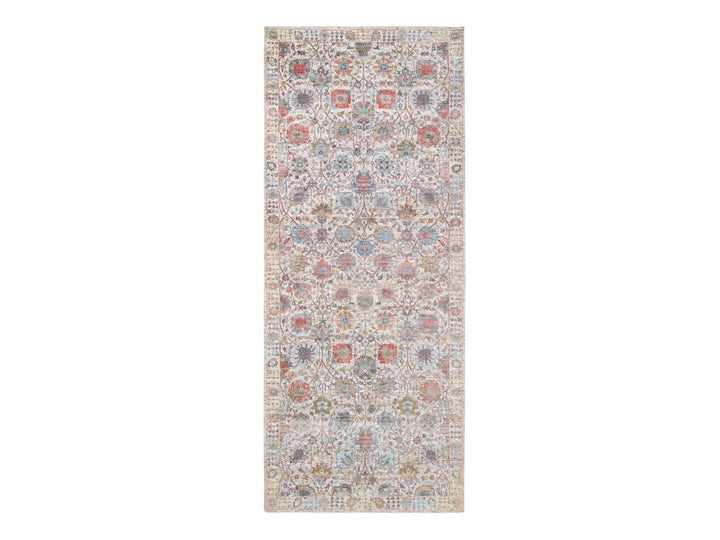 4'1" x 10'3" New Hand Knotted Ivory Wool & Silk Runner Oriental Rug - MOA10263245