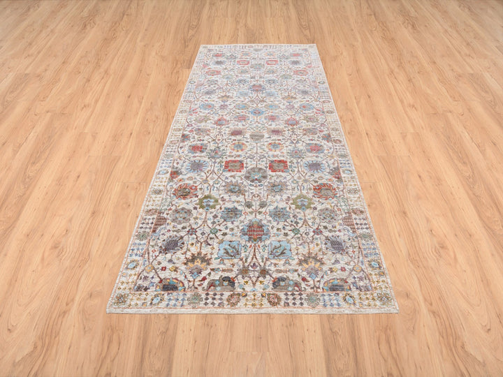 4'1" x 10'3" New Hand Knotted Ivory Wool & Silk Runner Oriental Rug - MOA10263245
