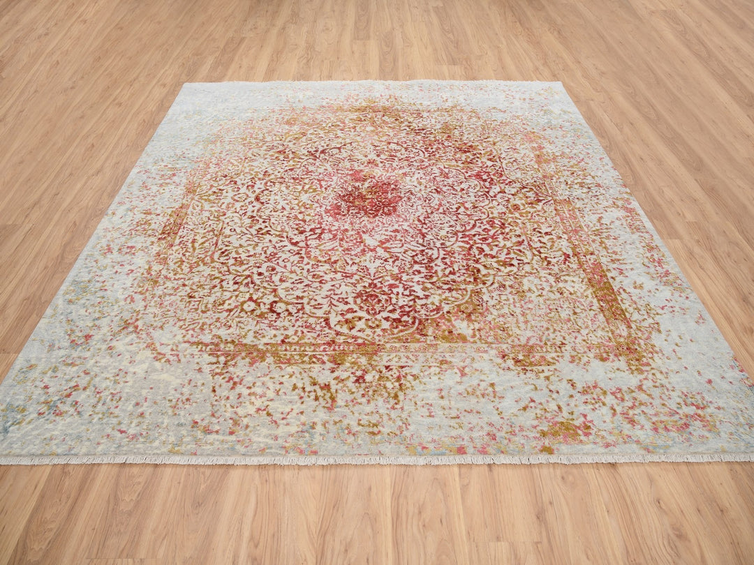 8'2" x 8'1" New Hand Knotted Pink Wool & Silk Square Oriental Rug - MOA10263252