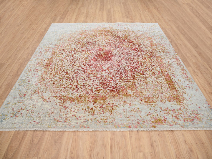 8'2" x 8'1" New Hand Knotted Pink Wool & Silk Square Oriental Rug - MOA10263252