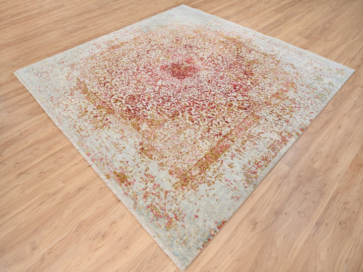 8'2" x 8'1" New Hand Knotted Ivory Wool & Silk Square Oriental Rug - MOA10263252